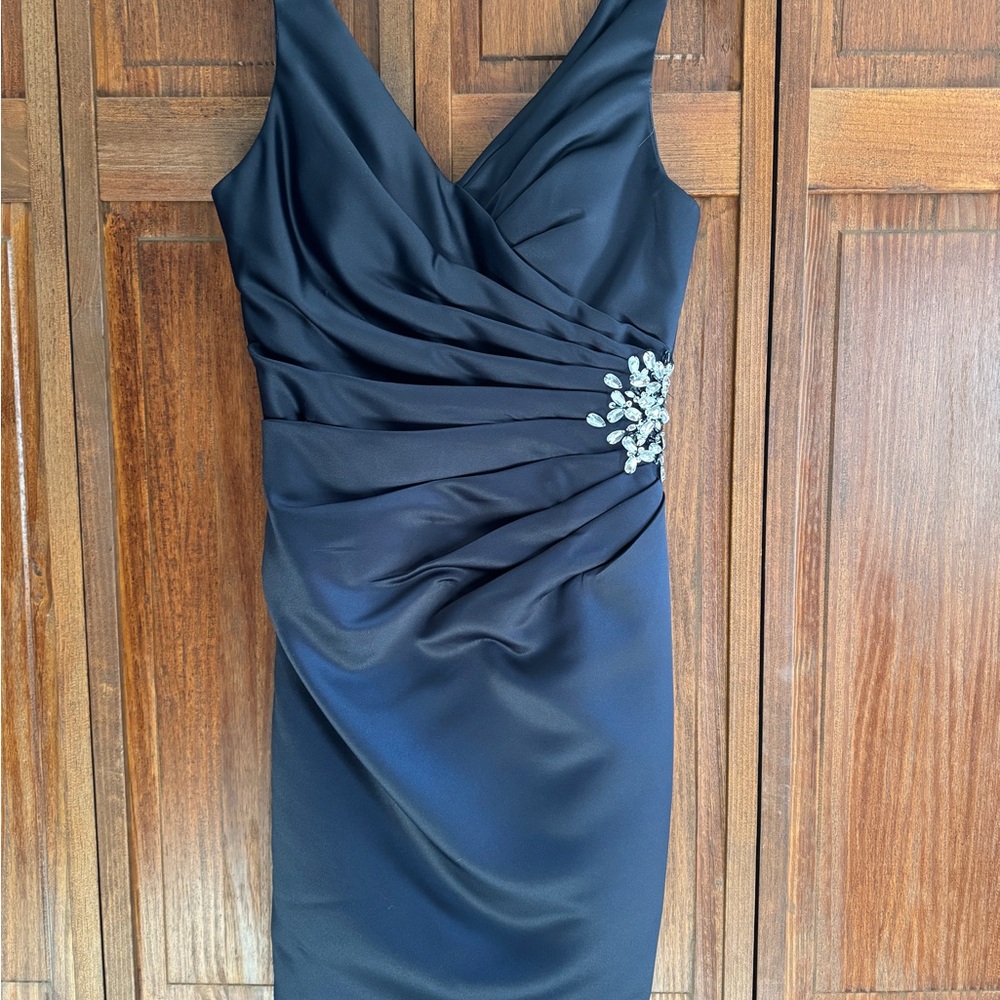 Mori Lee Navy Ruched Mini Dress with Silver Embellishment